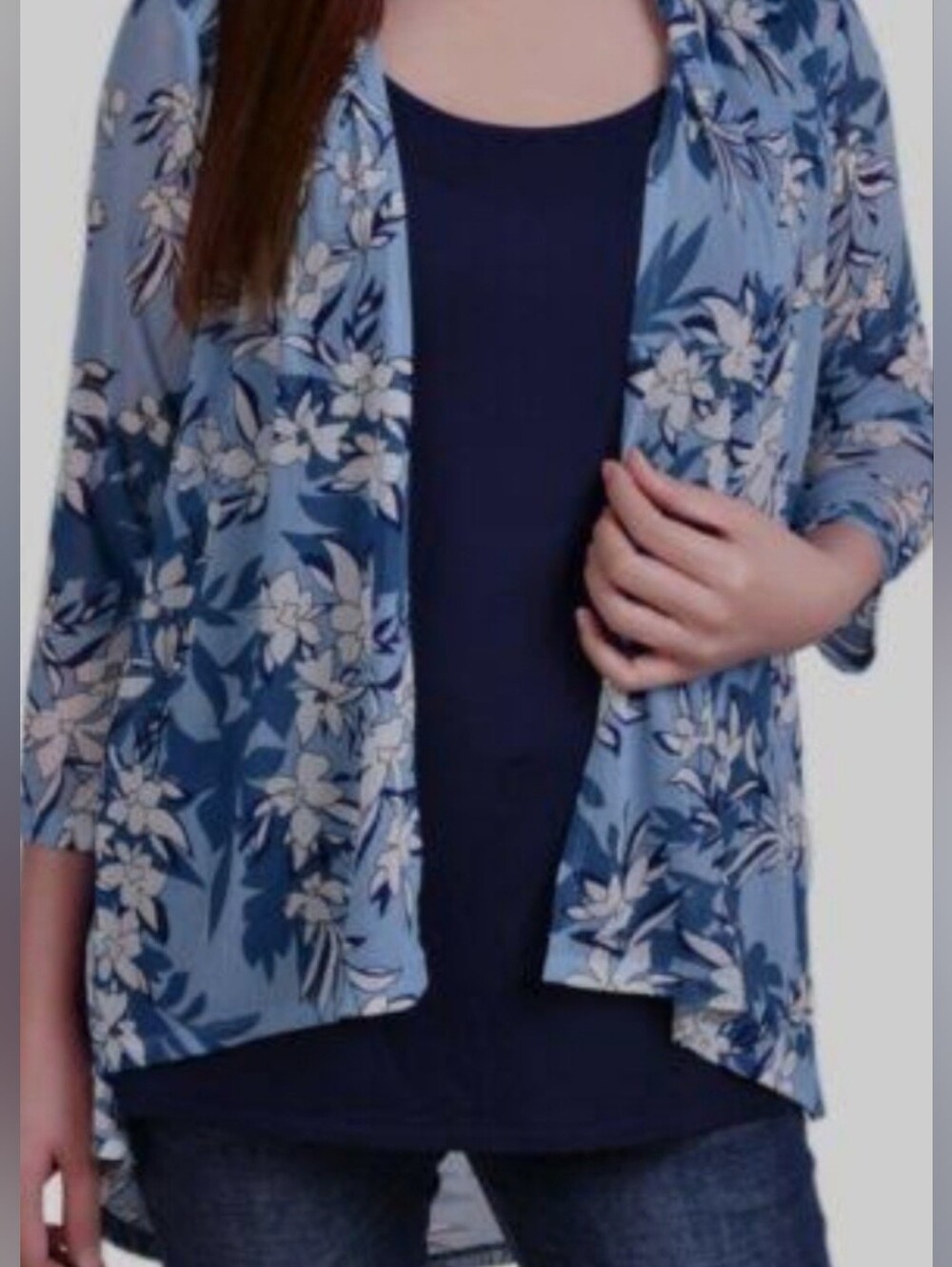 Notations Light Blue Floral Open Cardigan with Navy Tank Set